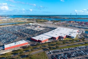 Photograph of Southeast Toyota Distributors 88-acre JAXPORT vehicle processing campus, located in Jacksonville, Florida.