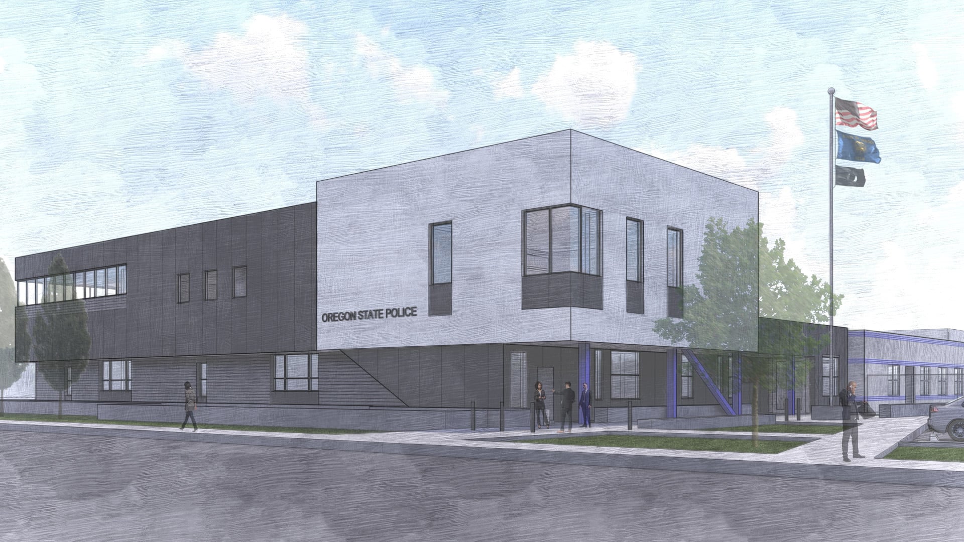 Exterior rendering of a modern Oregon State Police building with gray and dark panels, large windows, and a flagpole with three flags in front.