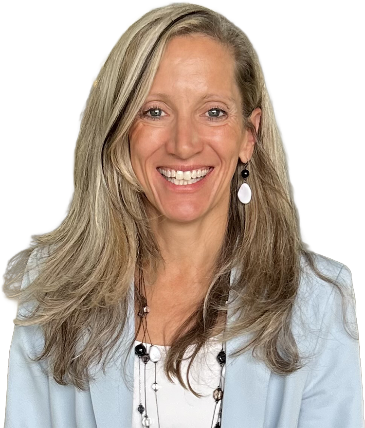 Head-and-shoulders portrait of a smiling blonde woman wearing a light blue blazer and a beaded necklace.