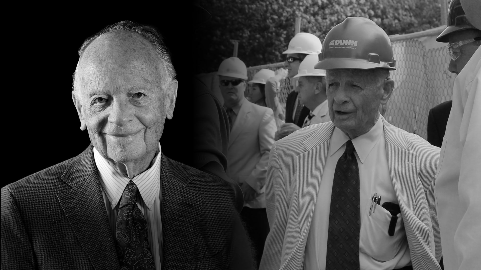 Split-image: left—smiling elderly man in a dark suit; right—elderly man in a striped suit and hard hat talking with workers near a chain-link fence.
