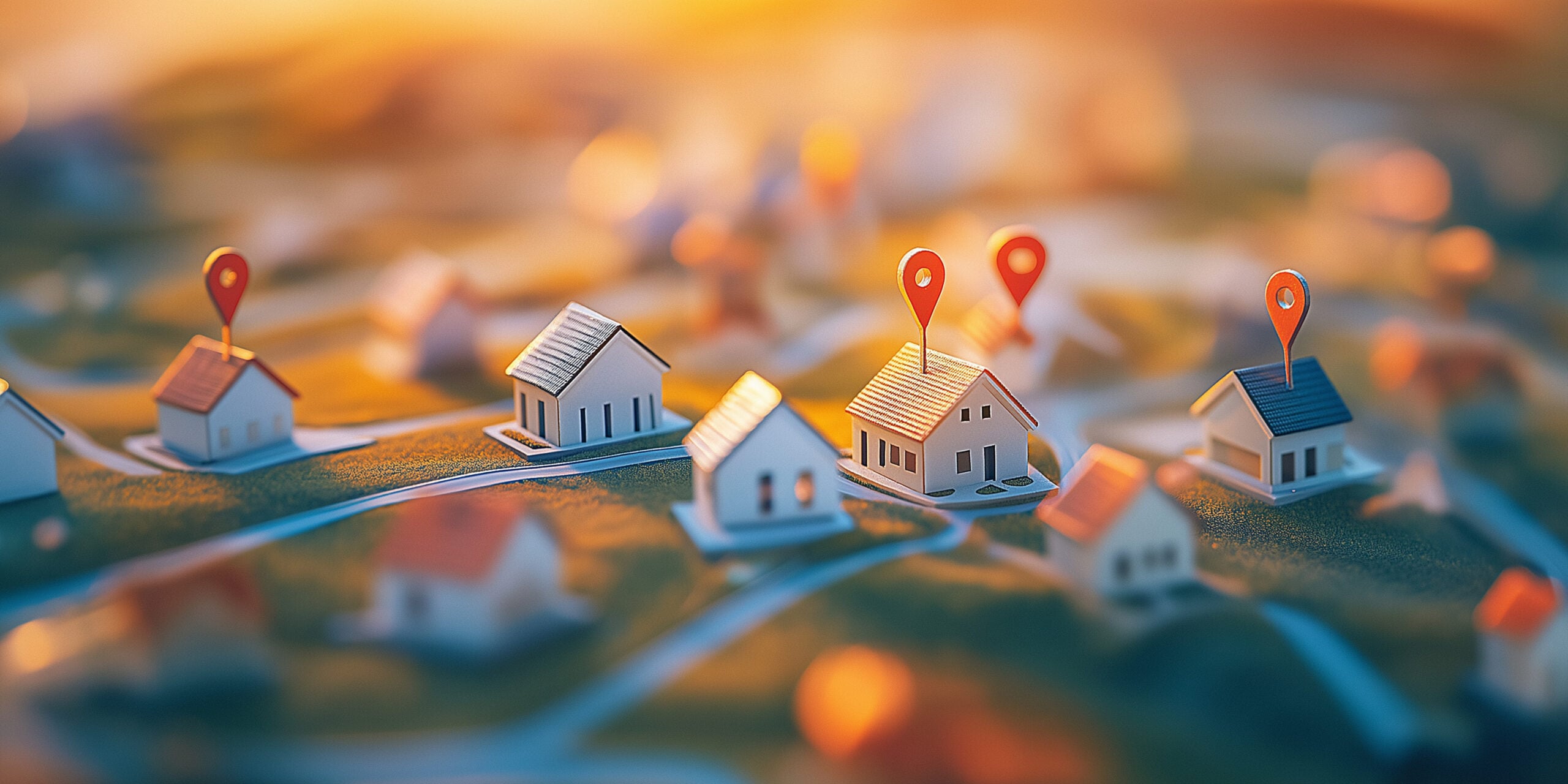 Miniature model neighborhood with red map pins marking locations on a blurred map at sunset.