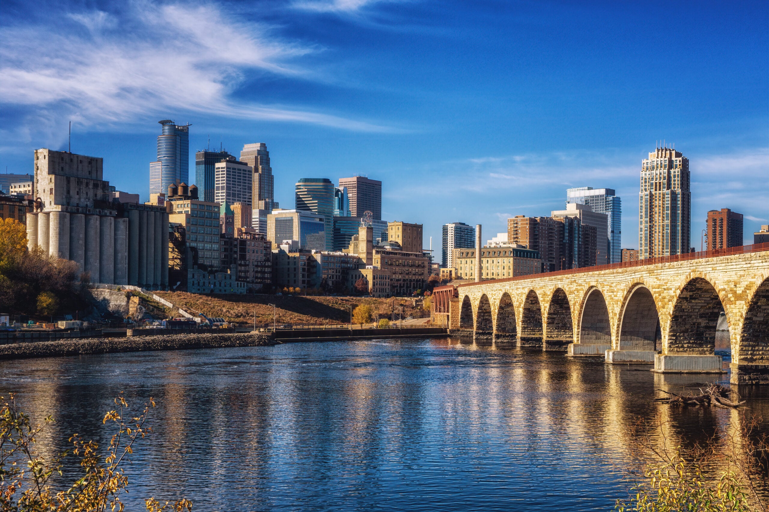 Downtown Minneapolis Minnesota as seen from the famous stone arch bridge