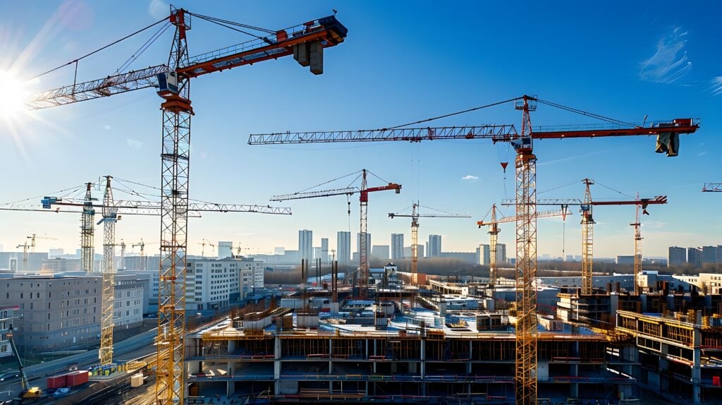 Multiple yellow tower cranes loom over a large construction site, with steel frameworks and a city skyline in the distance under a clear blue sky.