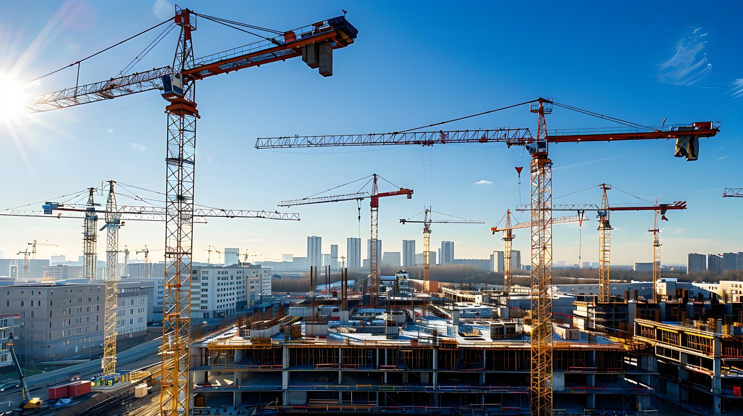 Multiple yellow tower cranes loom over a large construction site, with steel frameworks and a city skyline in the distance under a clear blue sky.