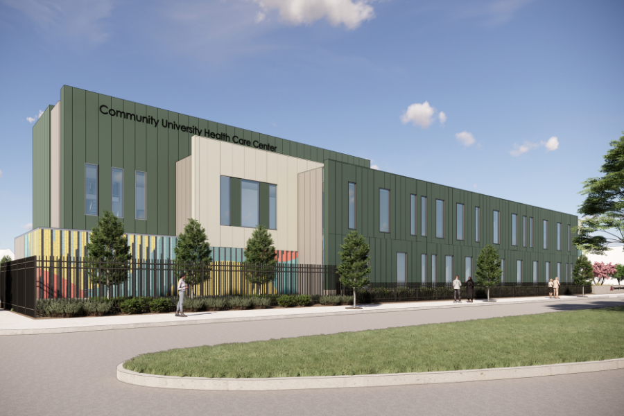 Rendering of a modern health care center with a green façade and a central entry labeled 'Community University Health Care Center'