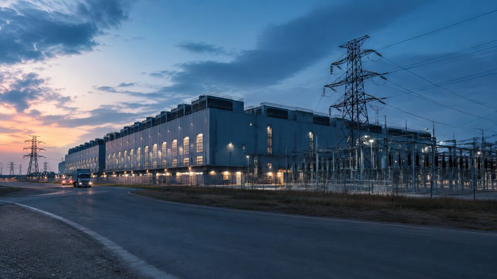 Large data center at dusk beside high-voltage transmission tower and electrical substation