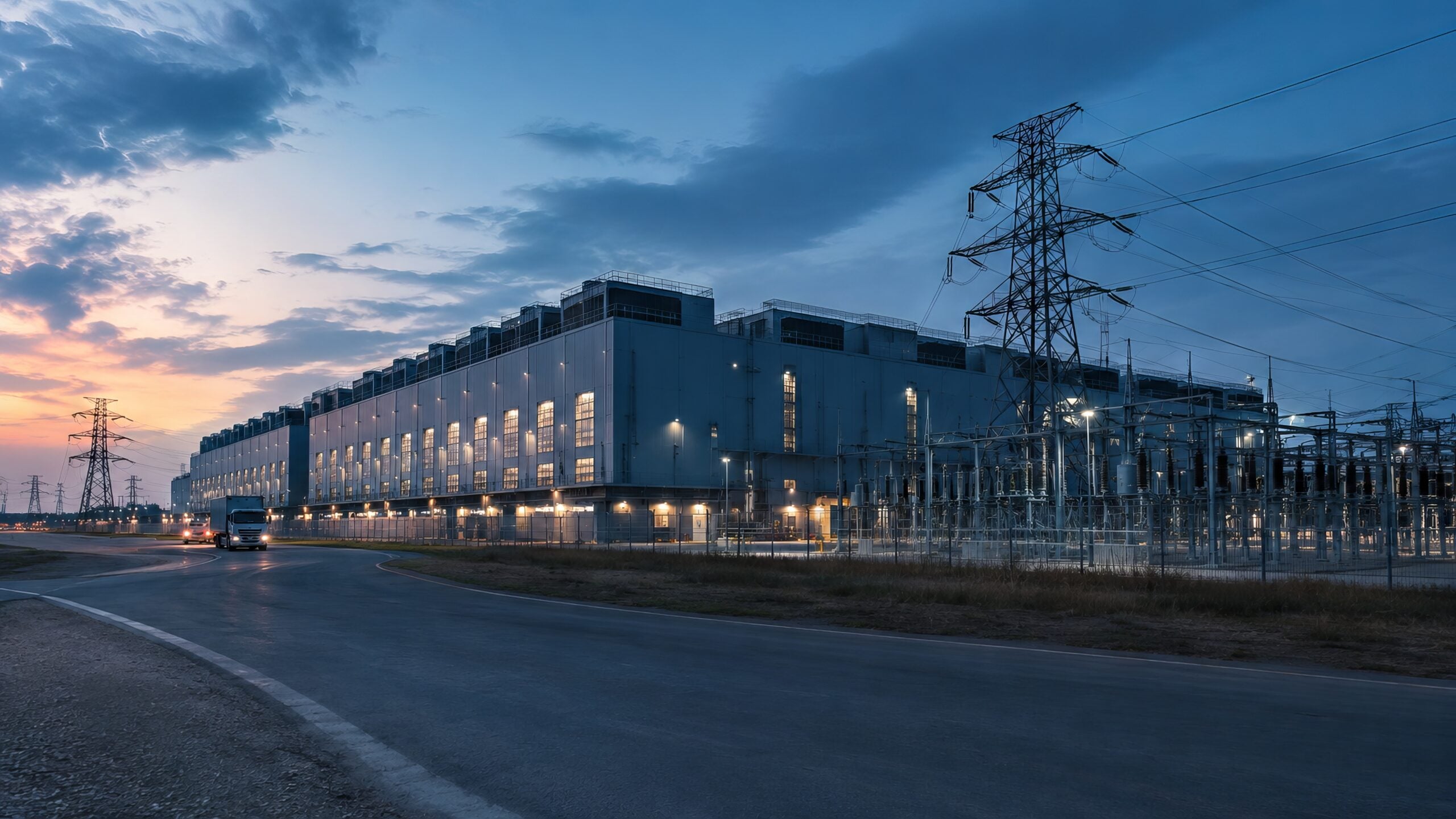 Large data center at dusk beside high-voltage transmission tower and electrical substation