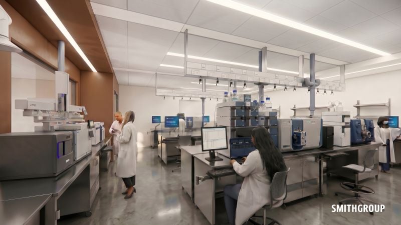 Scientists at analytical benches inside the FDA Food Safety Laboratory JE Dunn is building in Denver, Colorado