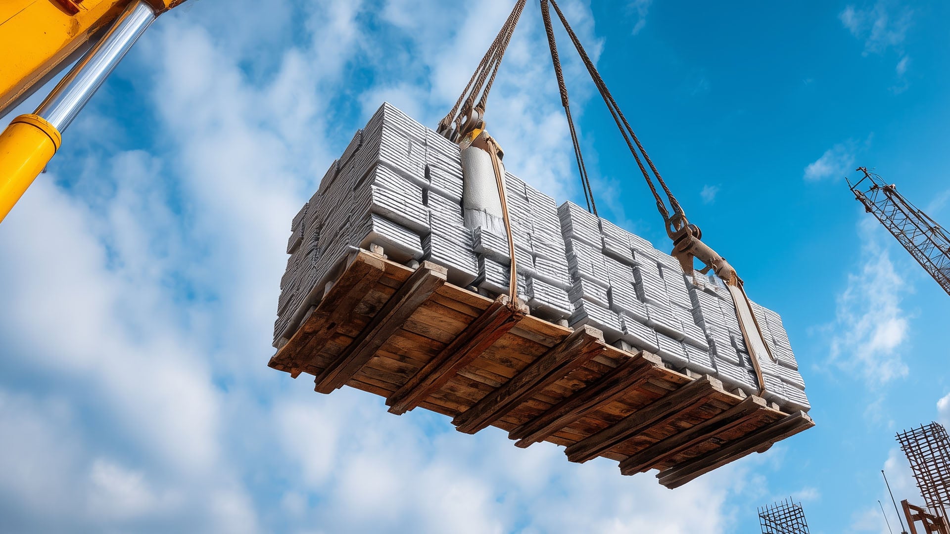 Construction crane hoists a pallet of concrete blocks against a blue sky at a construction site.