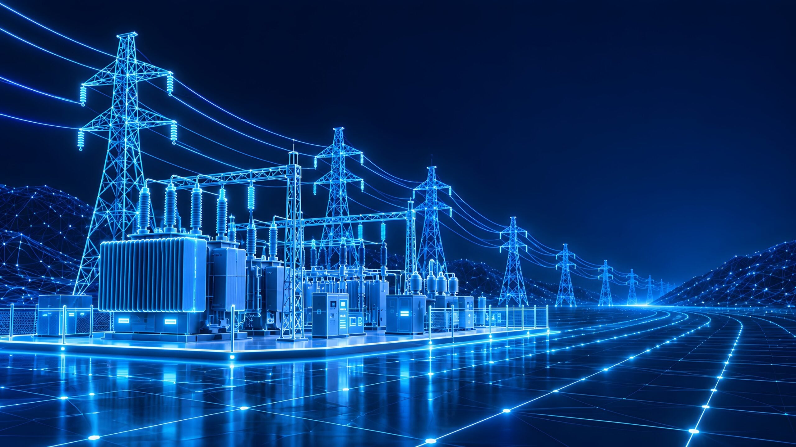 Power substation with tall transmission towers and glowing grid lines across a dark sky.