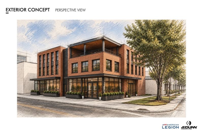 Exterior concept perspective of a brick, two‑story corner building with large windows, storefronts on the ground level, planters, and trees along the sidewalk; development render with logos in the bottom-right corner.