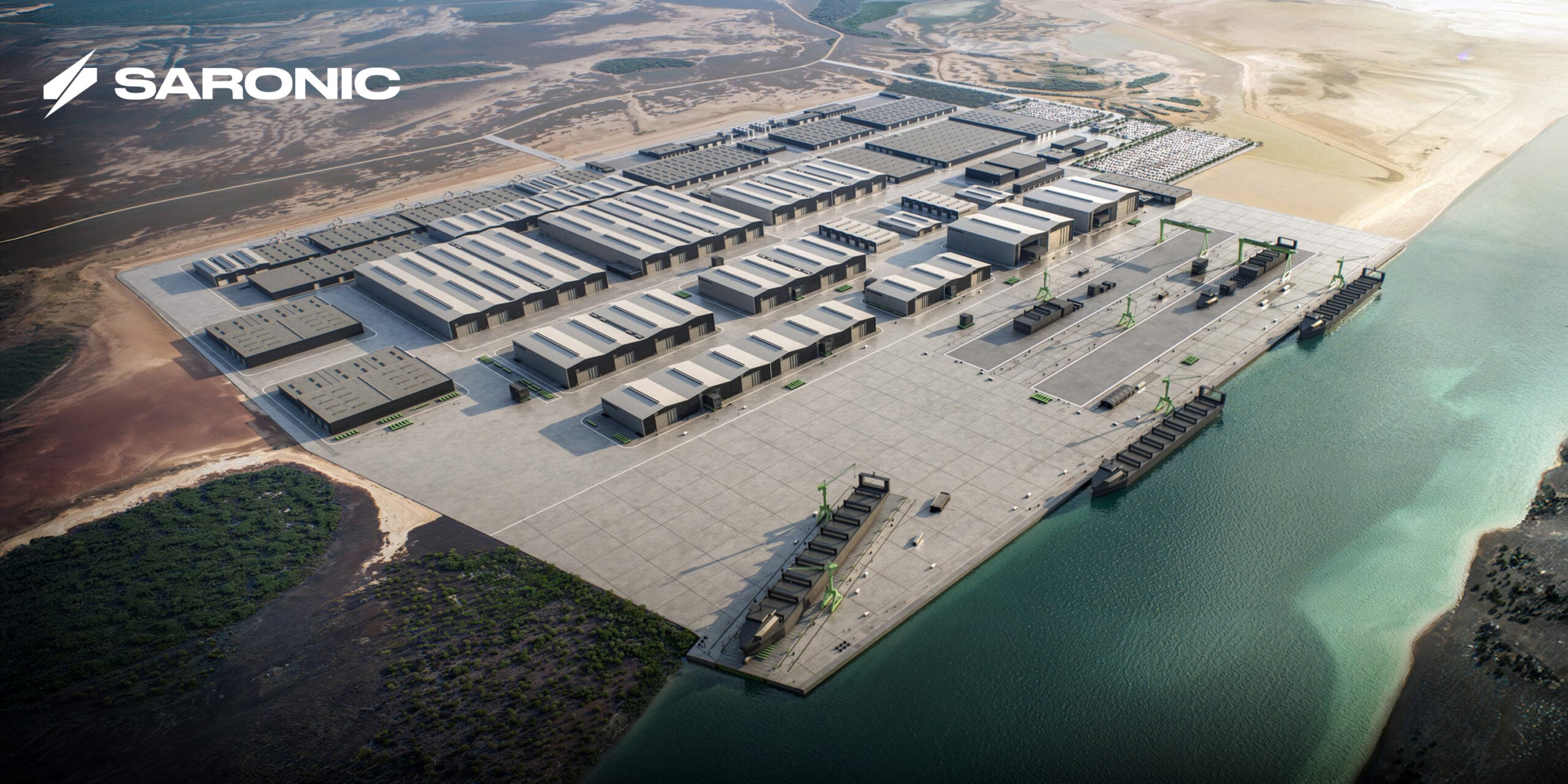 Aerial view of a large logistics port with rows of gray warehouses, loading docks, and cranes along the waterfront; SARONIC logo in the top-left corner.