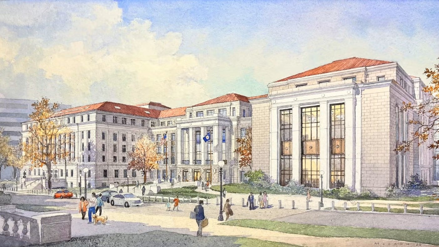 Illustration of a grand neoclassical university building with red-tiled roofs and flagpoles, people walking along a plaza in foreground.